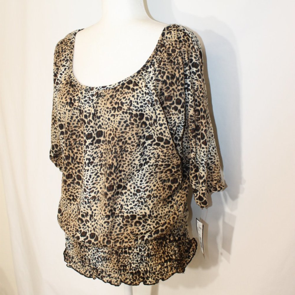 NWT 1955 Vintage Brown Cheetah Print Blouse Size XL Hacci Top Dolman S/S NOS VTG